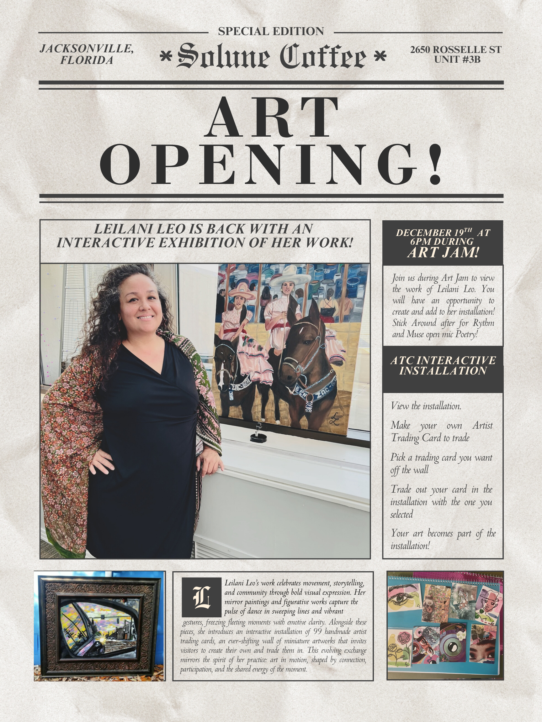 Leilani Leo Art Opening Flyer with details about her work adn the event
