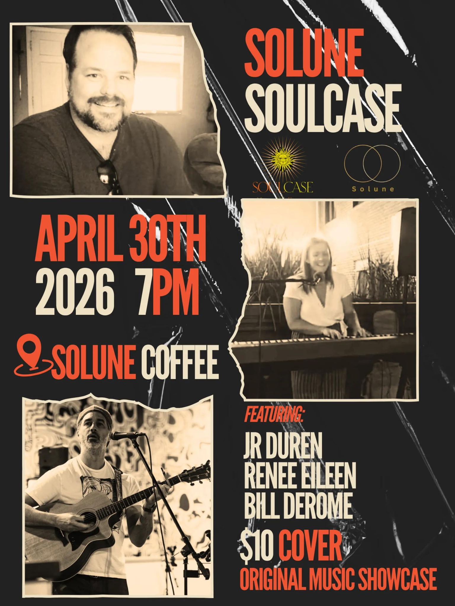 Solune Soulcase returns with an intimate evening of original music featuring JR Duren, Renee Eileen, and Bill Derome. Join us for a night of storytelling, connection, and live performance in a relaxed, listening-room atmosphere.