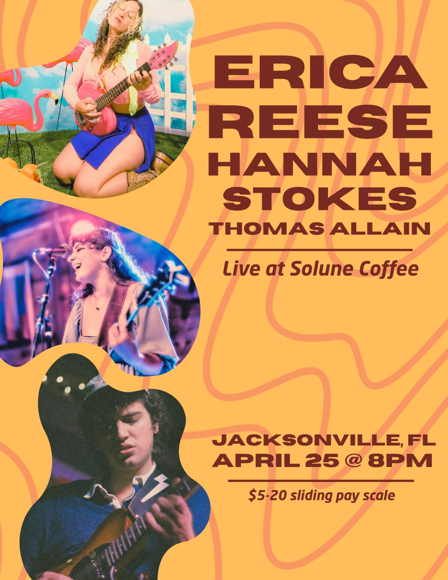 Erica Reese, Hannah Stokes, and Thomas Allain live at Solune April 25th